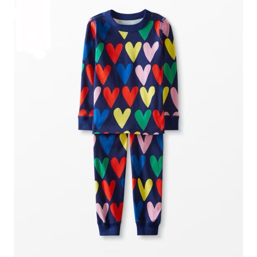 Hanna Andersson Long John Pajama Set Navy Happy Hearts 130 (US 8)